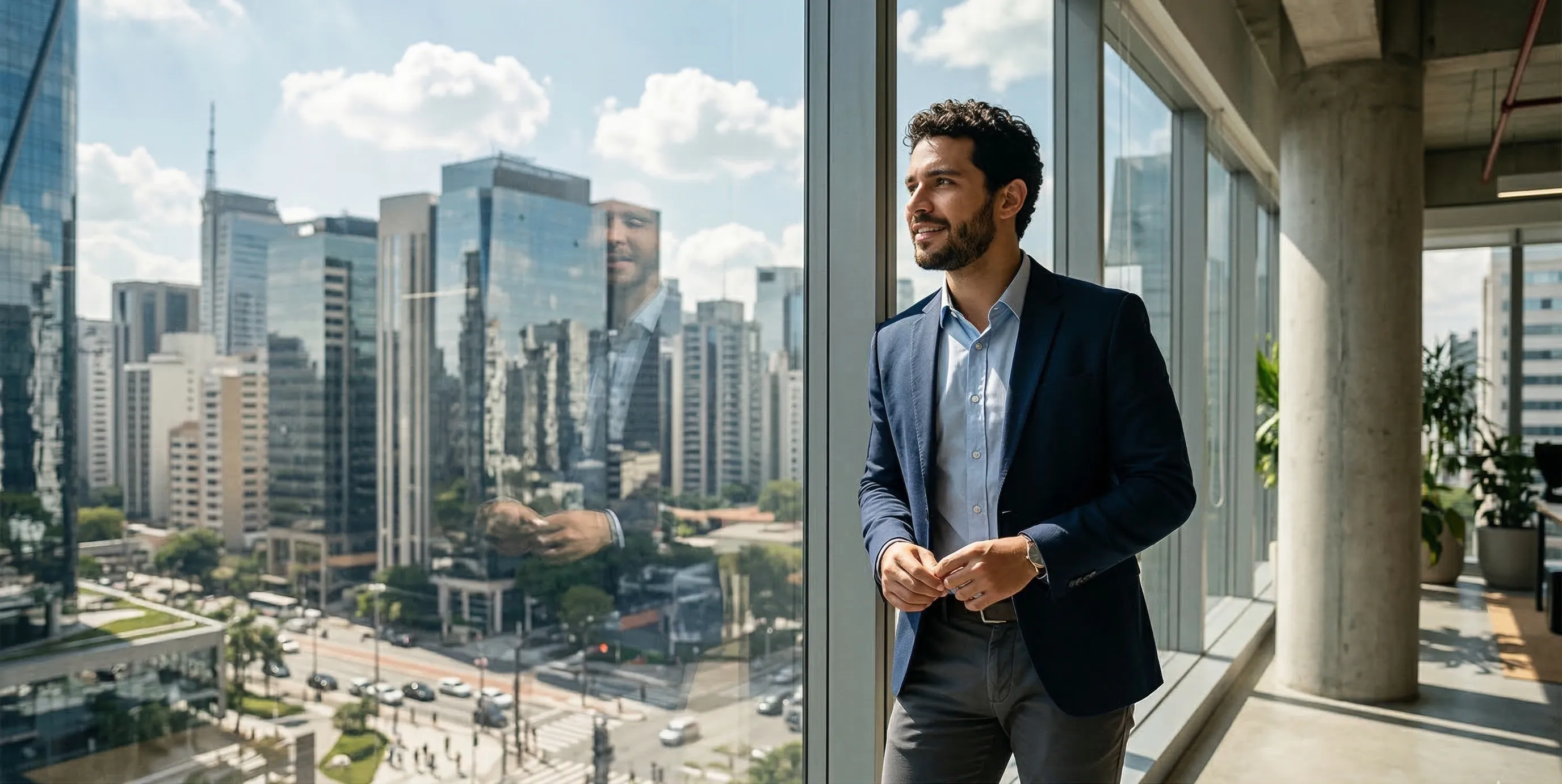 Profesional latinoamericano observando el potencial de la ciudad