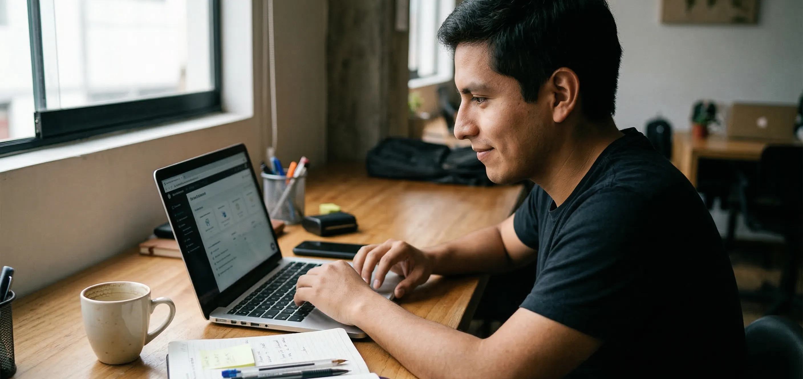 Persona analizando datos financieros y educativos en un coworking